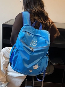 Sac à dos en nylon bleu avec broderie patte de chat et grande capacité de voyage