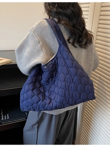 Deep blue quilted puffer tote bag with large capacity for women commuting