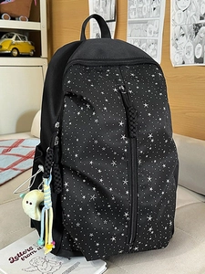 Women's Casual Nylon School Backpack With Star Print Waterproof Large Capacity Laptop Bag With Moon Plush Pendant For Students