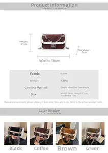 Detailed size specifications and color options for the quilted suede chain bag