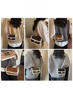 Quilted velvet crossbody bag with faux fur trim shown in various autumn colors and styles