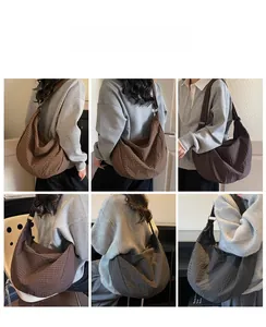 Collage of chic waffle texture tote bags in brown and grey shown on models
