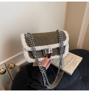 Detail of olive green quilted suede bag with plush faux fur trim and silver chain strap