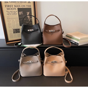 Litchi pattern leather bucket bags in black, caramel, grey and apricot with metal buckles