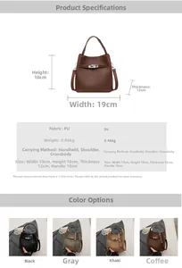 Detailed size parameters and color comparison of lychee grain PU leather bucket bag