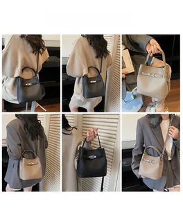 Litchi pattern leather bucket bag with metal turn lock shown in model lifestyle poses