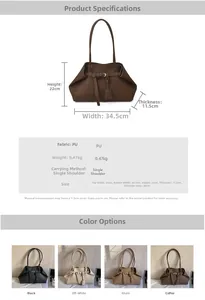 Detailed size chart for the PU shoulder tote bag with specific dimensions and weight