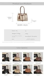 Size guide for PU tote bag showing dimensions 34x25x11cm and four color options