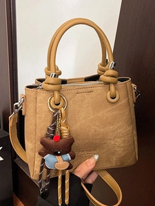 Retro Women Bucket Bag PU Leather Handbag With Bear Charm Large Capacity Shoulder Crossbody Bag Casual Daily Commute Tote