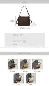 Infographic showing dimensions, specifications, and five color options for the crossbody bag