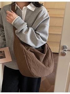 Brown plaid canvas crossbody hobo bag with large capacity and crescent shape design