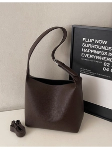 Deep coffee litchi grain leather bucket bag with wide adjustable shoulder strap