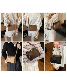 Minimalist crossbody bag with pebbled leather texture in multiple colors shown on model
