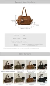 Size chart showing large PU tote bag dimensions, 0.53kg weight and four color options