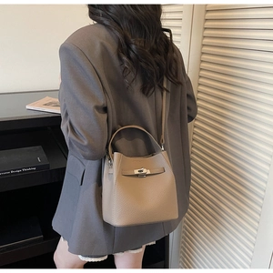 Detailed view of the lychee leather texture and metallic clasp on the crossbody handbag