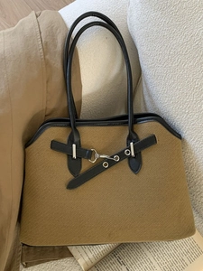 Retro PU Woolen Texture Tote Bag For Women Large Capacity Shoulder Bag Casual Commuter Handbag With Metal Buckle Detail