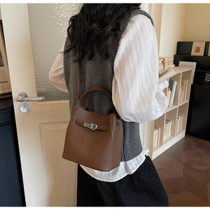 Brown litchi leather bucket bag with silver buckle worn by a model in a cozy interior