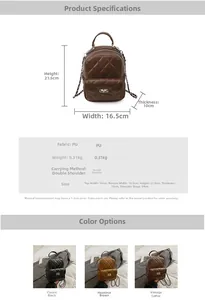 Quilted mini backpack dimensions and details featuring leather chain straps and three colors