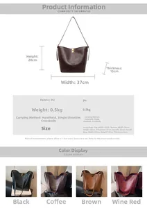Size chart showing large PU leather bucket bag dimensions 37x28x15cm and shoulder strap