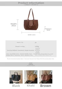 Detailed size chart and specifications for the pleated PU leather tote bag with measurements