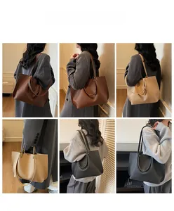 Detailed views of high-capacity lychee leather tote bags in black, beige, and brown tones
