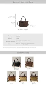 Detailed size specifications and color options for the vintage frosted leather handbag