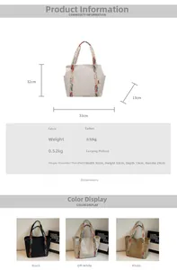 Detailed size chart of the canvas tote bag showing dimensions and three color options