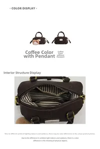 Detail view of brown Boston bag with striped lining and removable bear charm accessory