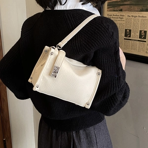 Close-up of beige litchi grain leather texture and elegant silver metal buckle detail