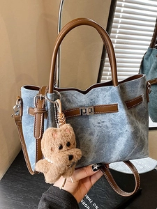 Vintage PU Leather Tote Bag Women Korean Style Shoulder Crossbody Bag With Plush Charm Metal Turn Lock Retro Niche Handbag