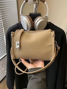 Retro khaki lychee pattern leather Boston handbag with silver hardware and shoulder strap