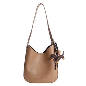 Vintage brown large capacity bucket tote bag with dachshund charm and shoulder strap