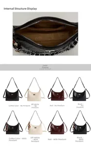 Detail view of quilted bucket bag interior structure and four color options with charms