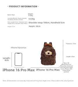 Detailed size specifications for the brown plush dog backpack with dimensions and straps