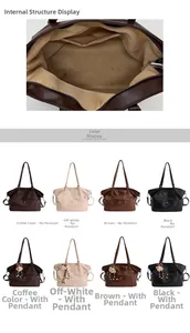 Detail view of large tote bag internal zipper pockets and four color options with bear charm