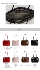 Detail of multi-color glossy tote bags with zipper closure and striped lining
