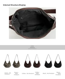 Détail de l'intérieur du sac besace demi-lune et options de couleurs en vert et noir