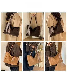 Tote bag collage showing large vintage suede shoulder bag in brown and tan with silk scarf