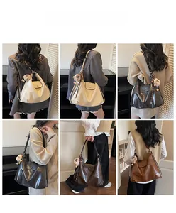 Detail shots of large vintage leather hobo bags in cream, black, and brown colors