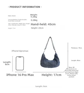 Detailed size guide for large denim crescent crossbody bag with dimensions and phone scale