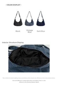 Internal view of denim crescent bag showing zipper closure and spacious inner compartment