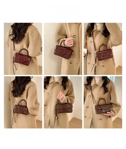 Detail shots of vintage square crossbody bag in wine red and coffee colors on model