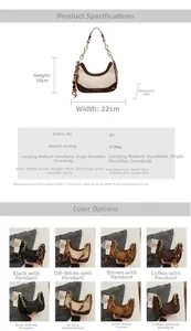 Detailed view of half-moon bag dimensions 22x10x6cm with multi-color palette display