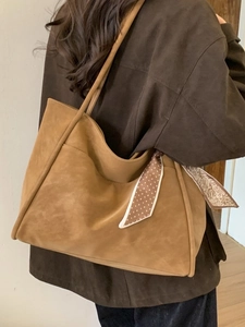 Brown vintage tote bag with large capacity and decorative polka dot silk scarf handle