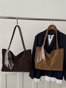 Retro commute tote bag in dark brown and caramel suede with decorative handle scarves