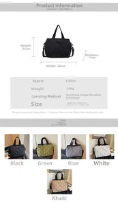 Detailed size specifications and material info for the quilted padded tote bag in five colors