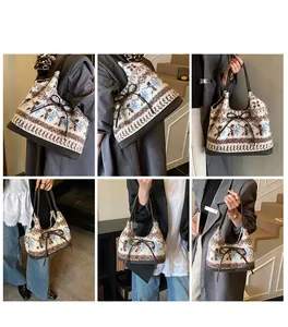 Collage of model carrying a vintage Nordic pattern plush tote bag with leather bow