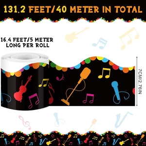 Rainbow music bulletin board border sticker with violin and notes on black background