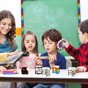 Rainbow music bulletin board borders with electric guitar and musical note patterns
