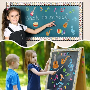 Classroom bulletin board borders with colorful rainbow music notes and instruments patterns